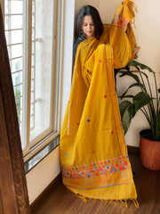 Mustard Lambani Handwork Dupatta with Self in Pure Handwoven Cotton