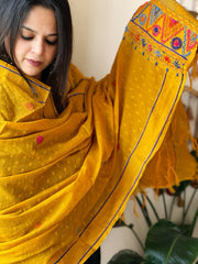 Mustard Lambani Handwork Dupatta with Self in Pure Handwoven Cotton