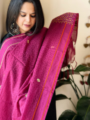 Purplish Pink Lambani Handwork Dupatta with Self in Pure Handwoven Cotton