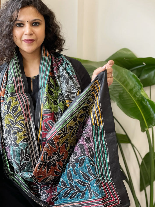 Black Handmade Reverse Nakshi Kantha Stole in Pure Silk