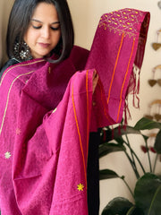 Purplish Pink Lambani Handwork Dupatta with Self in Pure Handwoven Cotton