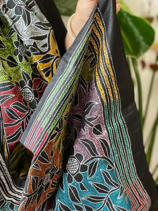 Black Handmade Reverse Nakshi Kantha Stole in Pure Silk