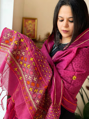 Purplish Pink Lambani Handwork Dupatta with Self in Pure Handwoven Cotton