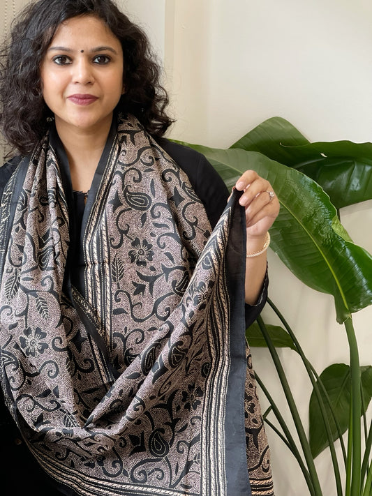 Black Handmade Reverse Nakshi Kantha Stole in Pure Silk