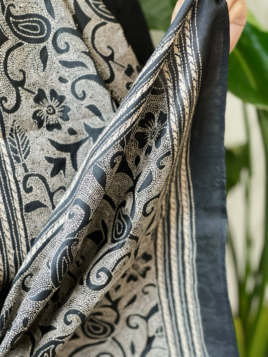 Black Handmade Reverse Nakshi Kantha Stole in Pure Silk