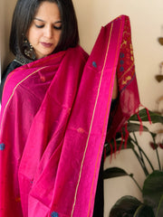 Hot Pink Lambani Handwork Dupatta with Self in Pure Handwoven Cotton