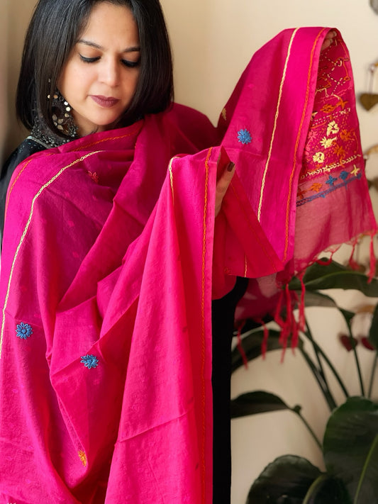 Hot Pink Lambani Handwork Dupatta with Self in Pure Handwoven Cotton