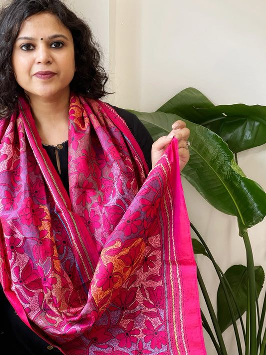 Pink Handmade Reverse Nakshi Kantha Stole in Pure Silk