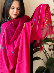 Hot Pink Lambani Handwork Dupatta with Self in Pure Handwoven Cotton