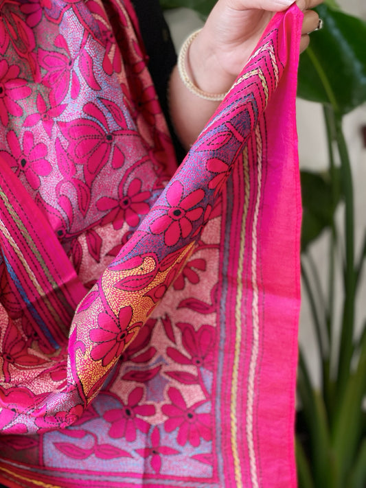 Pink Handmade Reverse Nakshi Kantha Stole in Pure Silk