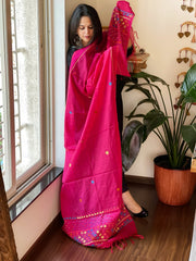 Hot Pink Lambani Handwork Dupatta with Self in Pure Handwoven Cotton