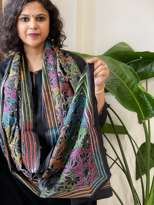 Black Handmade Reverse Nakshi Kantha Stole in Pure Silk