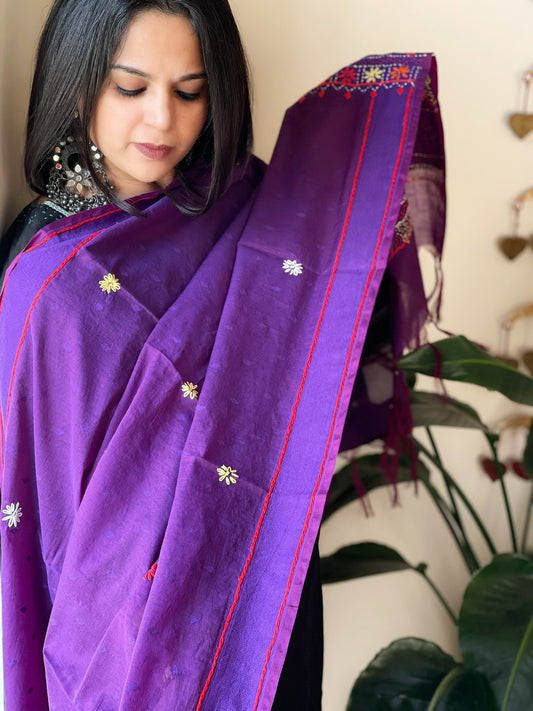 Purple Lambani Handwork Dupatta with Self in Pure Handwoven Cotton