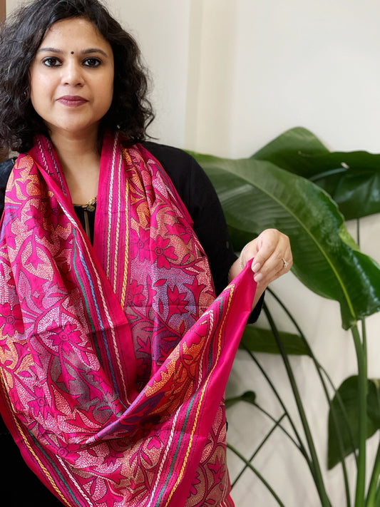 Pink Handmade Reverse Nakshi Kantha Stole in Pure Silk