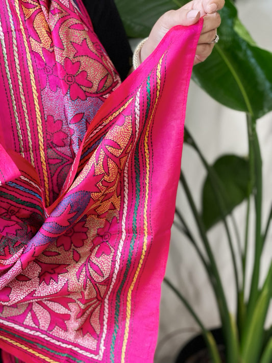 Pink Handmade Reverse Nakshi Kantha Stole in Pure Silk