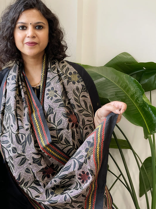 Black Handmade Reverse Nakshi Kantha Stole in Pure Silk