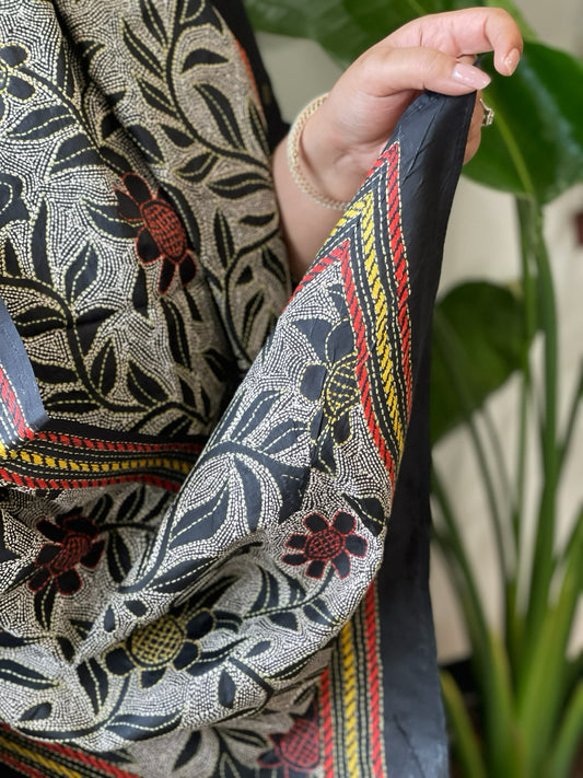 Black Handmade Reverse Nakshi Kantha Stole in Pure Silk