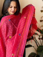 Peachish Pink Lambani Handwork Dupatta with Self in Pure Handwoven Cotton