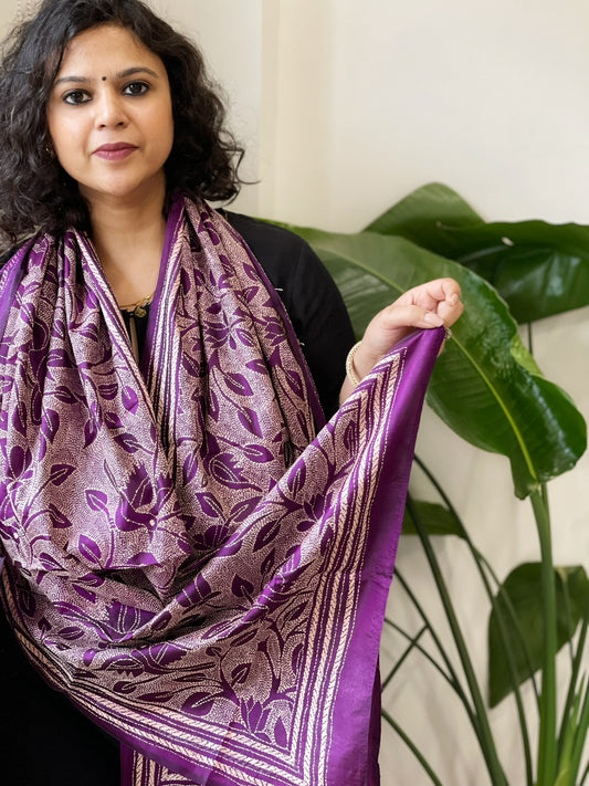 Purple Handmade Reverse Nakshi Kantha Stole in Pure Silk