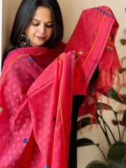 Peachish Pink Lambani Handwork Dupatta with Self in Pure Handwoven Cotton