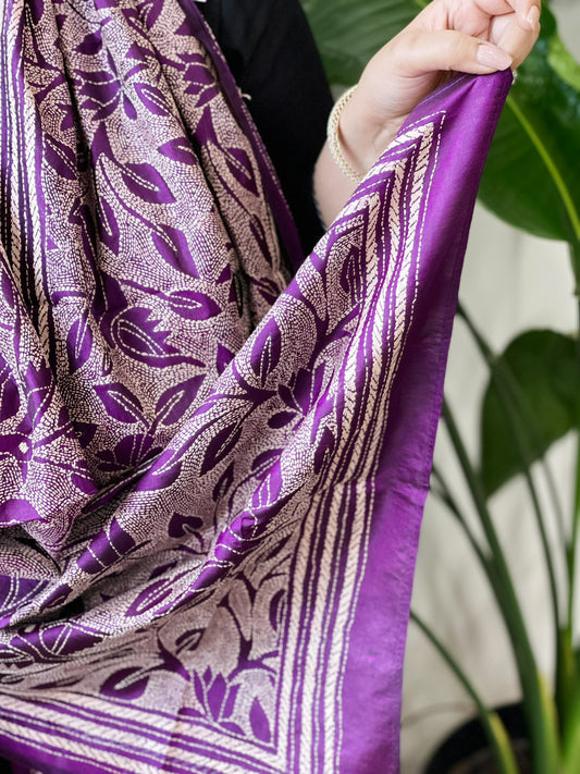 Purple Handmade Reverse Nakshi Kantha Stole in Pure Silk