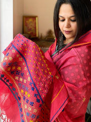 Peachish Pink Lambani Handwork Dupatta with Self in Pure Handwoven Cotton