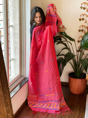 Peachish Pink Lambani Handwork Dupatta with Self in Pure Handwoven Cotton