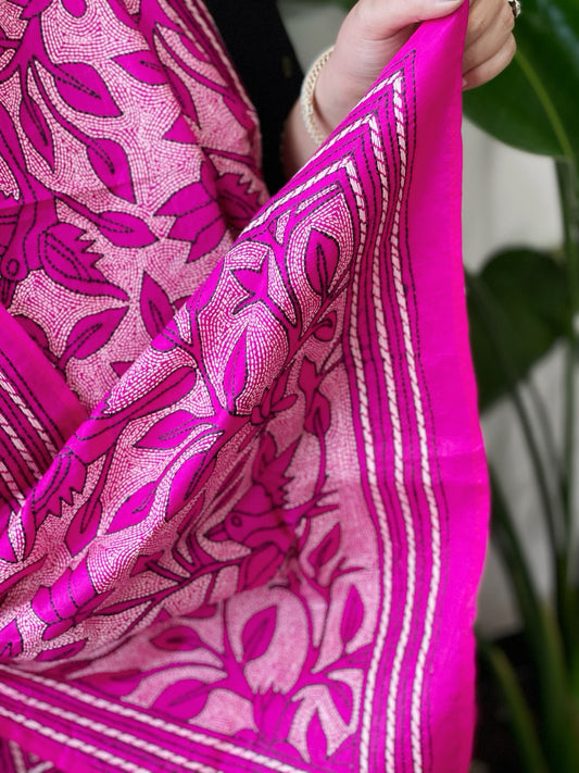 Pink Handmade Reverse Nakshi Kantha Stole in Pure Silk