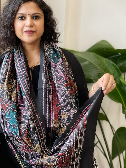 Black Handmade Reverse Nakshi Kantha Stole in Pure Silk