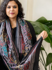 Black Handmade Reverse Nakshi Kantha Stole in Pure Silk