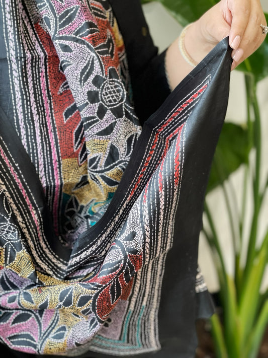 Black Handmade Reverse Nakshi Kantha Stole in Pure Silk