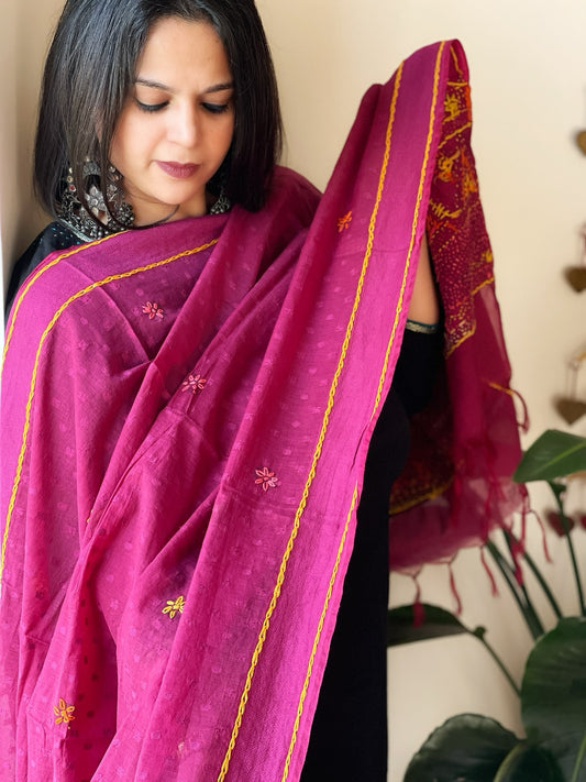 Purplish Pink Lambani Handwork Dupatta with Self in Pure Handwoven Cotton