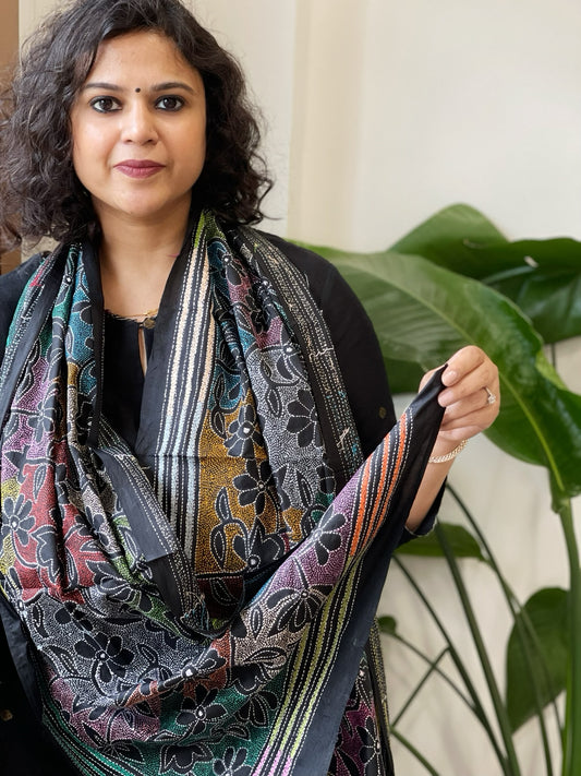 Black Handmade Reverse Nakshi Kantha Stole in Pure Silk