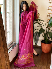 Purplish Pink Lambani Handwork Dupatta with Self in Pure Handwoven Cotton