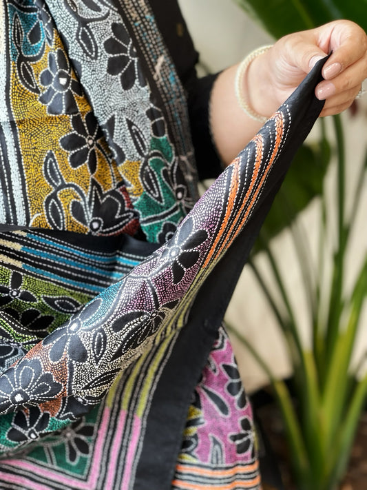 Black Handmade Reverse Nakshi Kantha Stole in Pure Silk