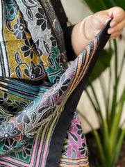 Black Handmade Reverse Nakshi Kantha Stole in Pure Silk