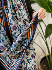 Deep Blue Handmade Reverse Nakshi Kantha Stole in Pure Silk