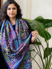 Electric Blue Handmade Reverse Nakshi Kantha Stole in Pure Silk