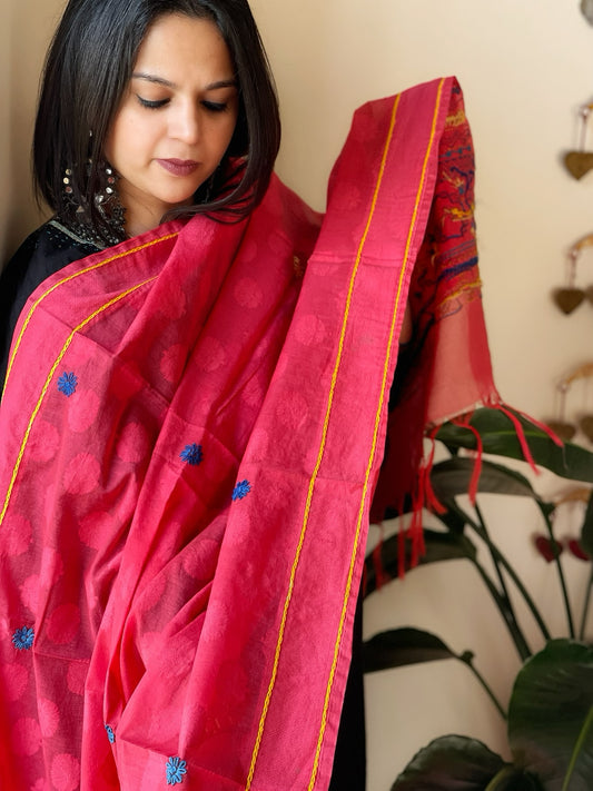 Peachish Pink Lambani Handwork Dupatta with Self in Pure Handwoven Cotton