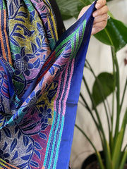 Electric Blue Handmade Reverse Nakshi Kantha Stole in Pure Silk