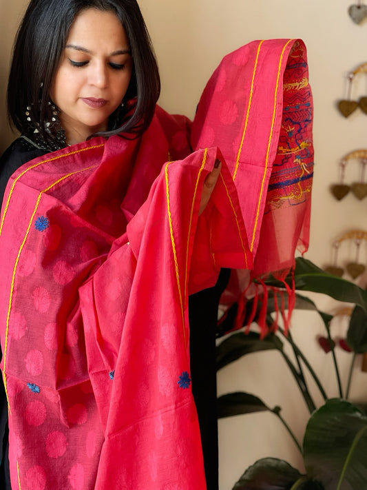 Peachish Pink Lambani Handwork Dupatta with Self in Pure Handwoven Cotton