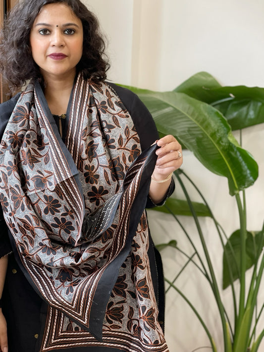 Black Handmade Reverse Nakshi Kantha Stole in Pure Silk