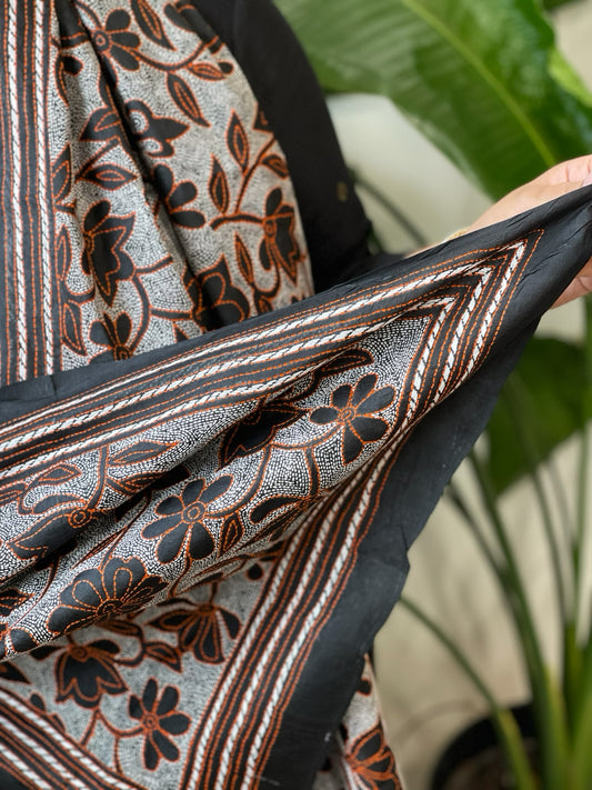 Black Handmade Reverse Nakshi Kantha Stole in Pure Silk