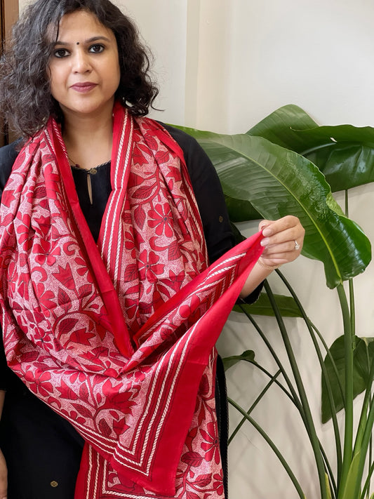 Red Handmade Reverse Nakshi Kantha Stole in Pure Silk