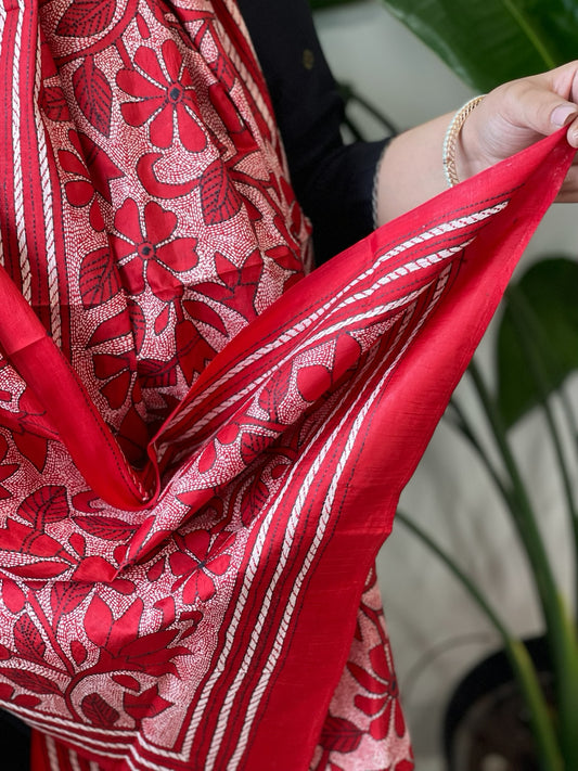 Red Handmade Reverse Nakshi Kantha Stole in Pure Silk