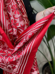 Red Handmade Reverse Nakshi Kantha Stole in Pure Silk
