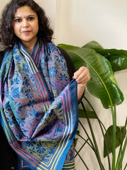 Midnight Blue Handmade Reverse Nakshi Kantha Stole in Pure Silk
