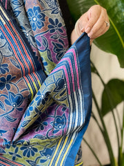 Midnight Blue Handmade Reverse Nakshi Kantha Stole in Pure Silk