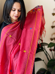 Peachish Pink Lambani Handwork Dupatta with Self in Pure Handwoven Cotton