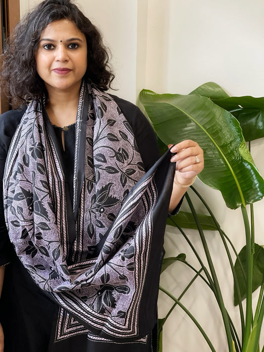 Black Handmade Reverse Nakshi Kantha Stole in Pure Silk